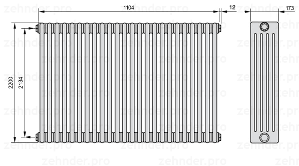 Схема (чертеж) Радиатор Zehnder Charleston 5220/24 №1270 Белый глянцевый RAL 9016
